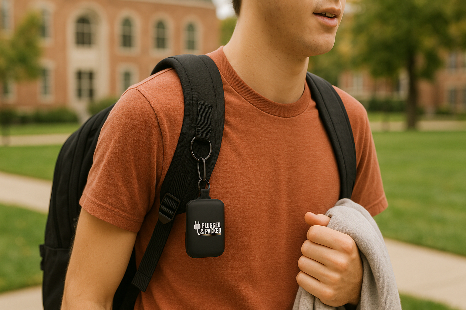 Person wearing a backpack with a visible PowerPack Mini keychain powerbank charger  by plugged and packed on a college campus