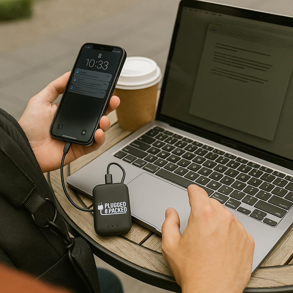 Person using a smartphone with a PowerPack Mini keychain power bank acharger-in device next to a laptop on a wooden table.