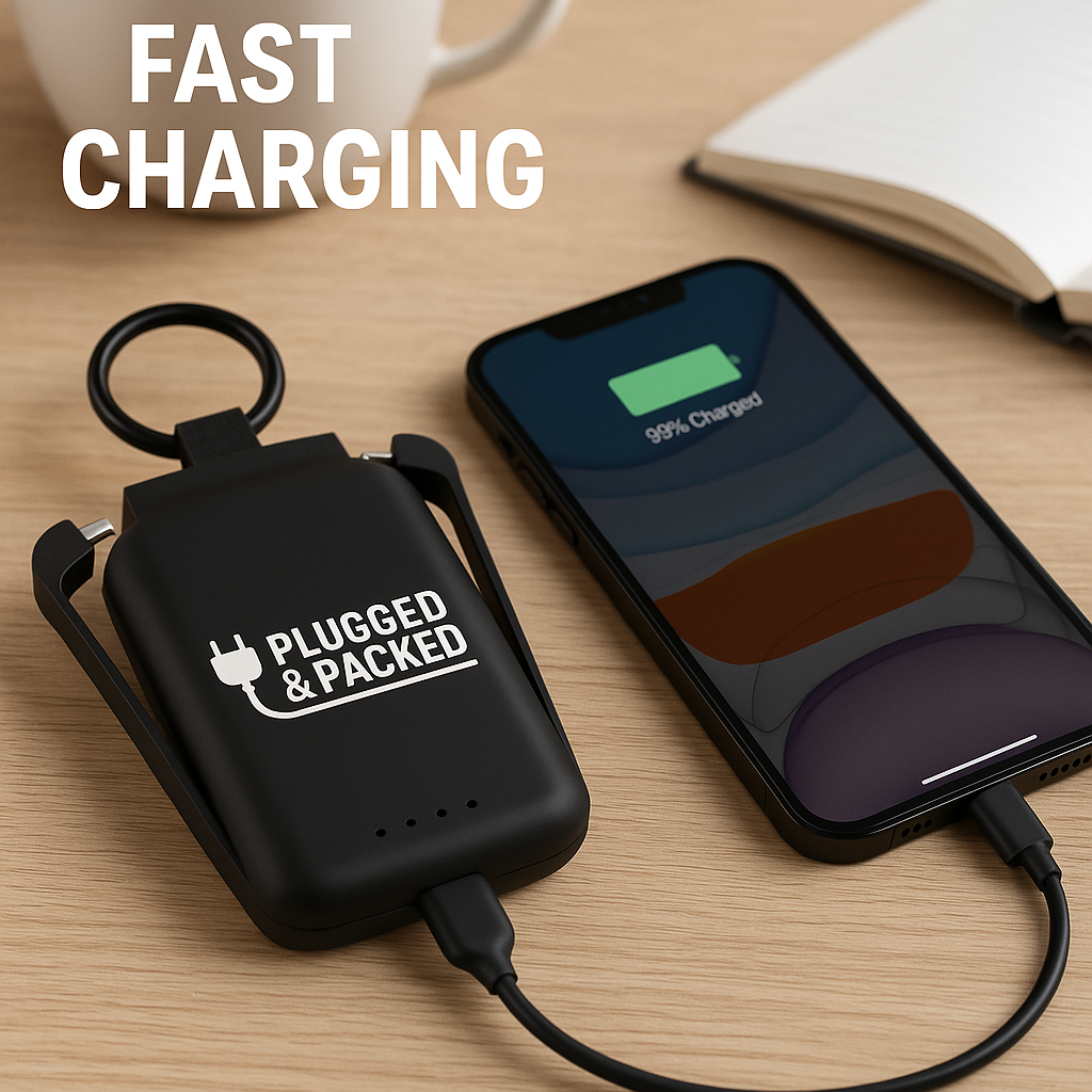 Black portable charger with 'Plugged & Packed' branding charging a smartphone on a wooden surface.