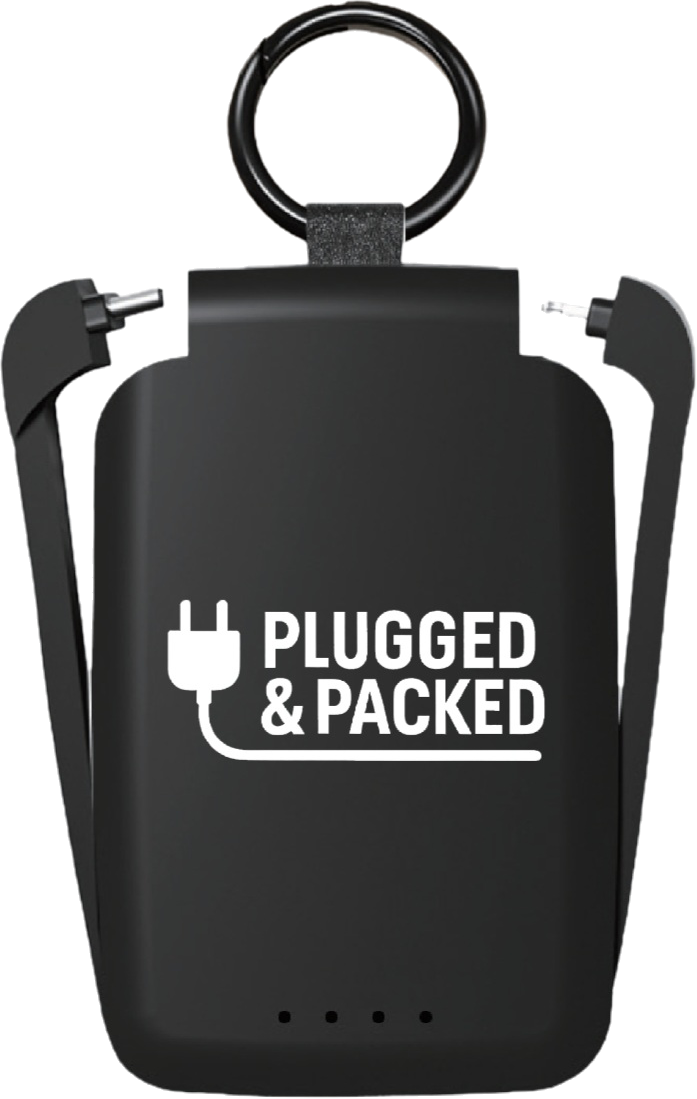 Black power bank with 'Plugged & Packed' text and logo on a clear background
