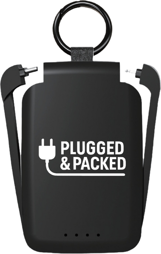 Black power bank with 'Plugged & Packed' text and logo on a clear background